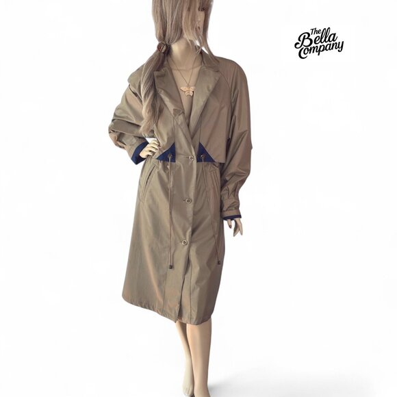 Vintage 80s Taupe Trench Coat Duster Style Retro Femme Streetwear Dark Academia - Picture 1 of 9